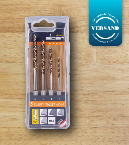 Alpen Timber Twist ATM 4 Holzbohrer Set 4 teilig mit Bohrern in den Durchmessern 3, 4, 5 und 6 mm