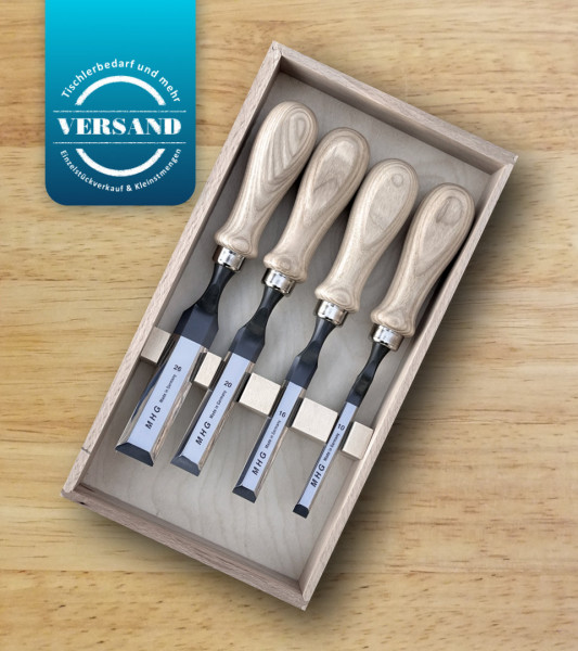 Stechbeitel Premium Satz im Holzkasten, gekröpfte Klinge, Rundheft Esche geölt, 4 tlg. 10–26 mm